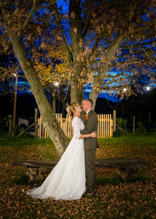 sposi che si baciano la sera sotto l'albero illuminato